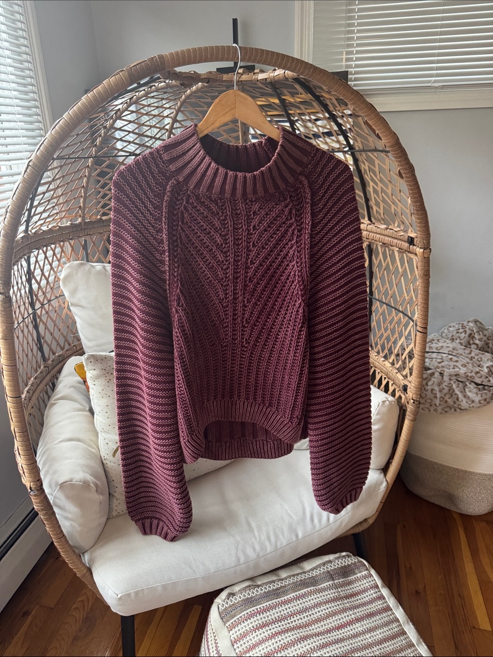 Free People Chunky Wine Cable Knit Turtleneck Sweater